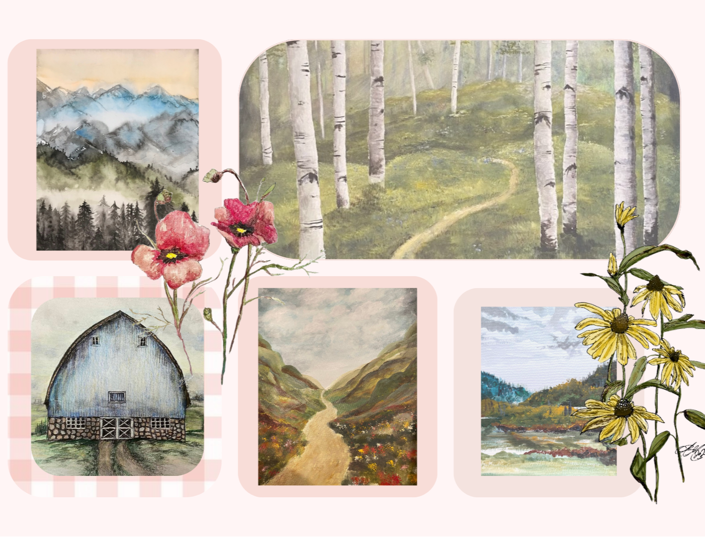 Set of small paintings and illustrations on a pink background with floral and nature-themed designs.